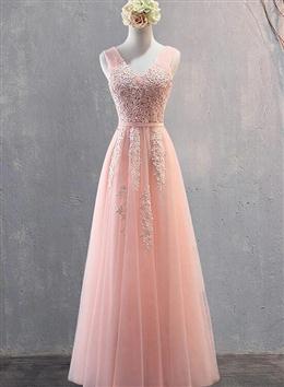 Picture of Charming Pearl Pink Tulle Simple Party Dresses with Lace, V-neckline Long Formal Dresses